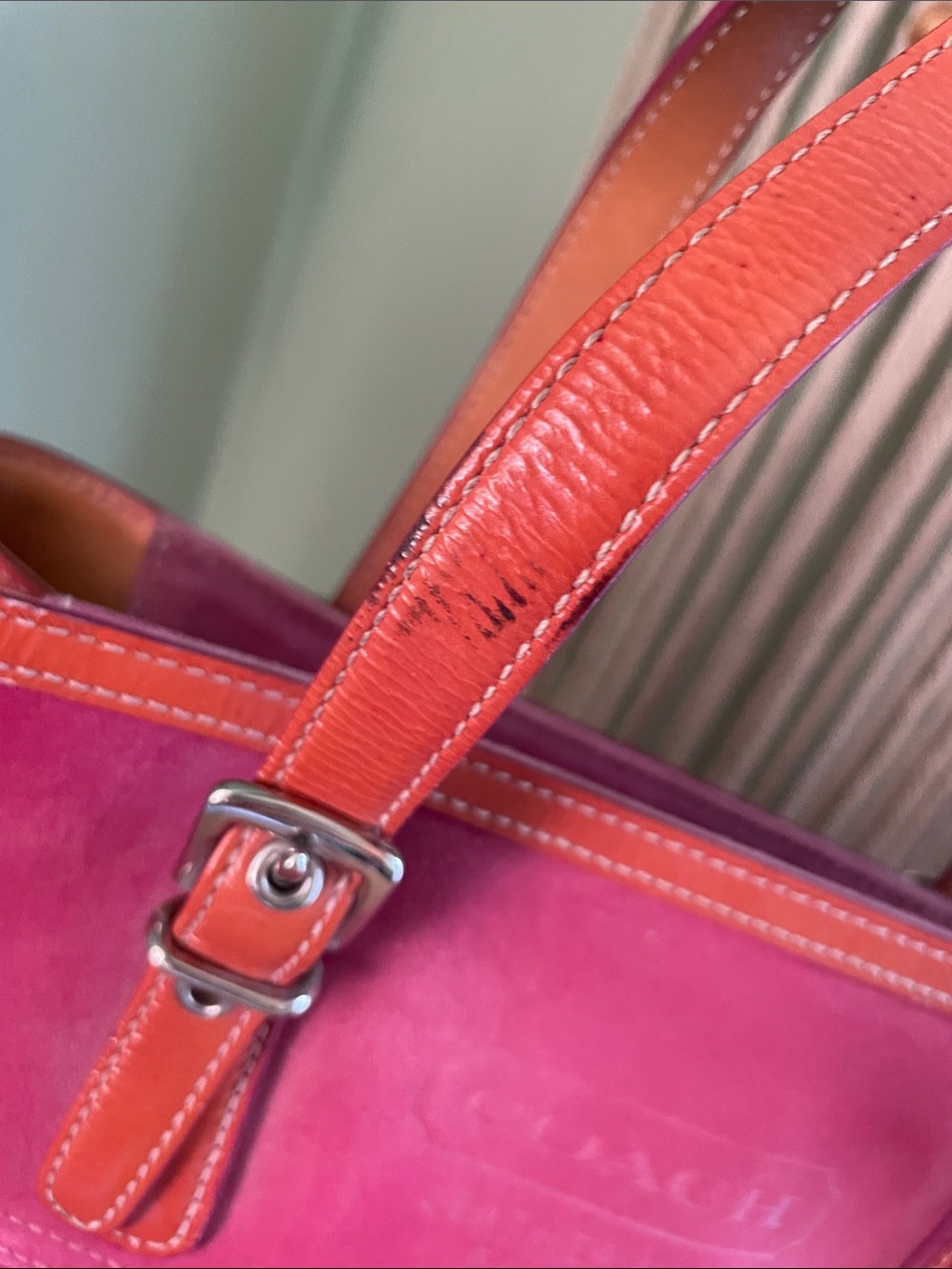 Vintage Coach Pink Suede Tote with Tan Leather Trim and Straps - Picture 2 of 12